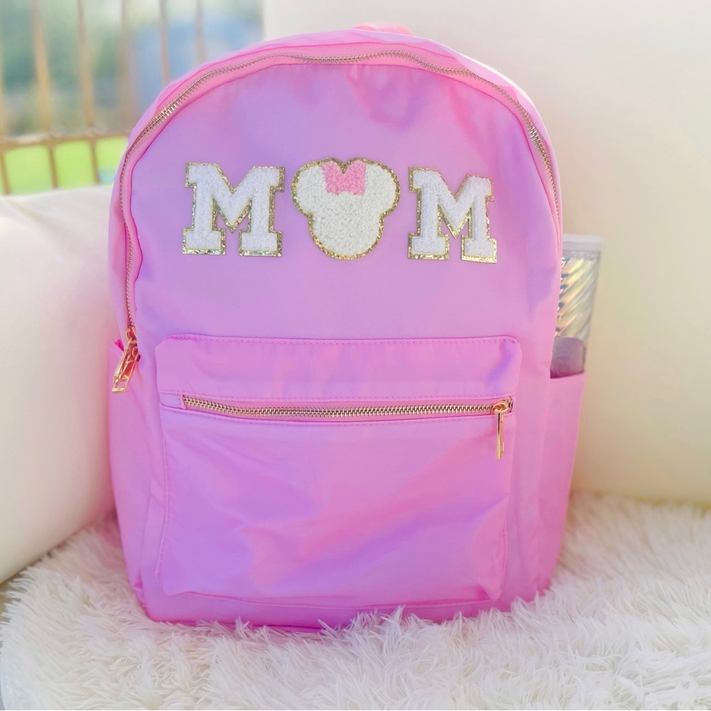Mom Minnie Mouse backpack, pink nylon backpack with patches stoney clover